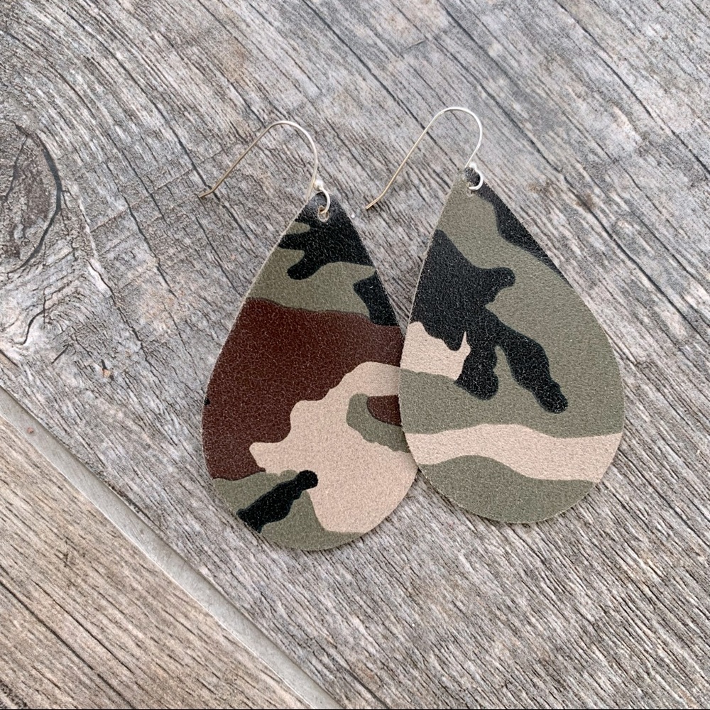 Camo Leather Teardrop Earrings